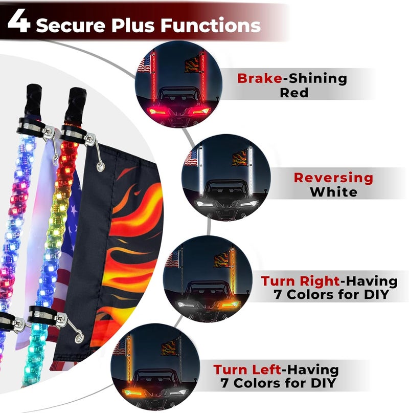 DITRIO 2 Pack 3FT Led Whip Lights with App & Remote Control, Spiral RGB Chasing Lighted Whips,Side by Side Whip Lights with 4 Flags for UTV ATV SXS Truck Boat, Multi Color, Waterproof, Music Mode - Image 3
